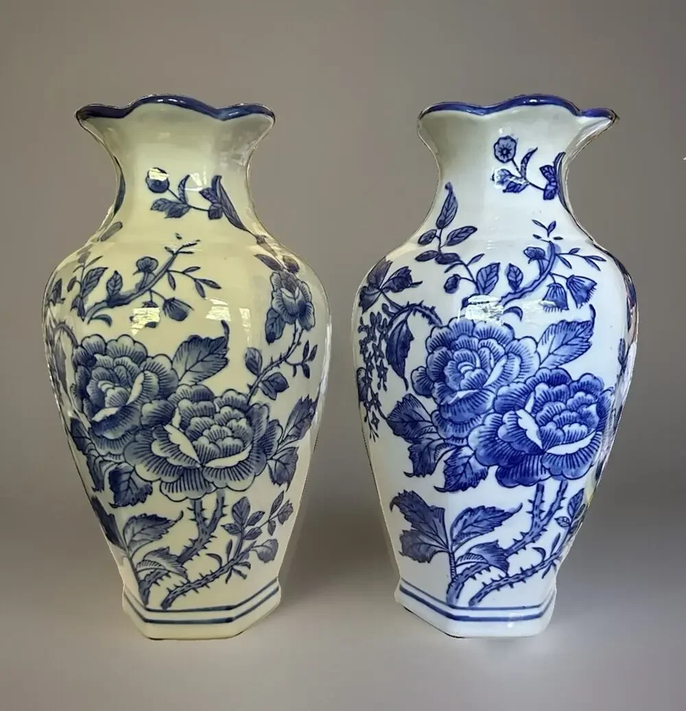 2 New Chinese Blue & White Rosé Transfer Wear Chinoiserie Pocket Wall Vase 10” T